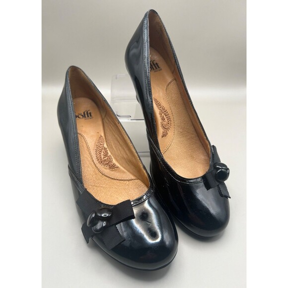 Sofft Womens Black Patent Leather Pump Ribbon Button Low Heel Size 8.5M - Picture 1 of 7